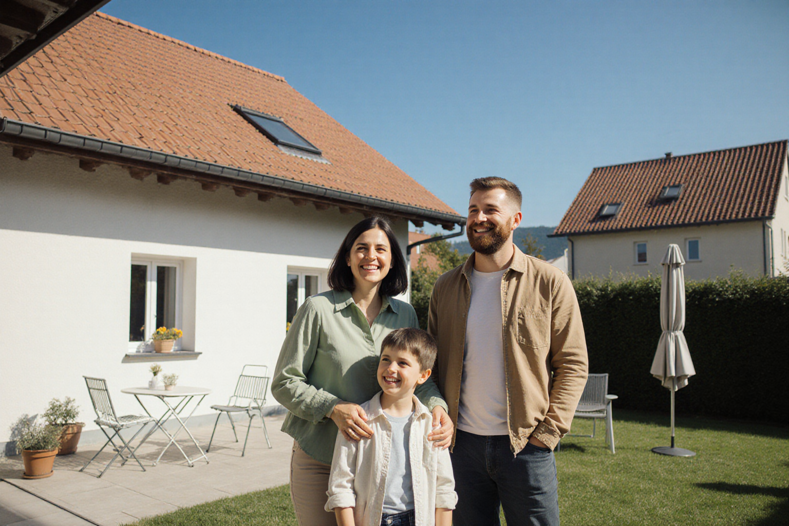 Warmherzige Familie im Garten eines normalen österreichischen Hauses, familiäre Nähe und Wohnbezug unmittelbar sichtbar
