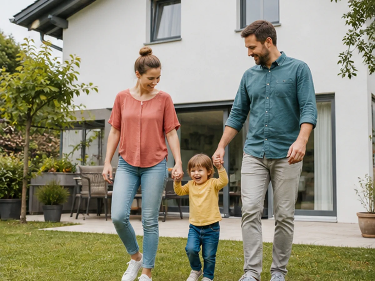 Familie vor einem realistisch bewohnten Haus